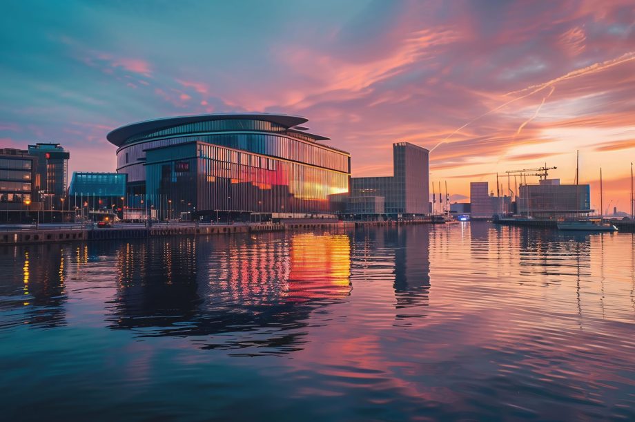 exterior of modern concert hall near the water at night. urban landscape