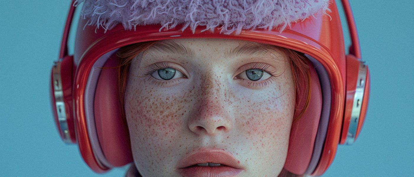 Serene Portrait with Fluffy Hat and Red Headphones